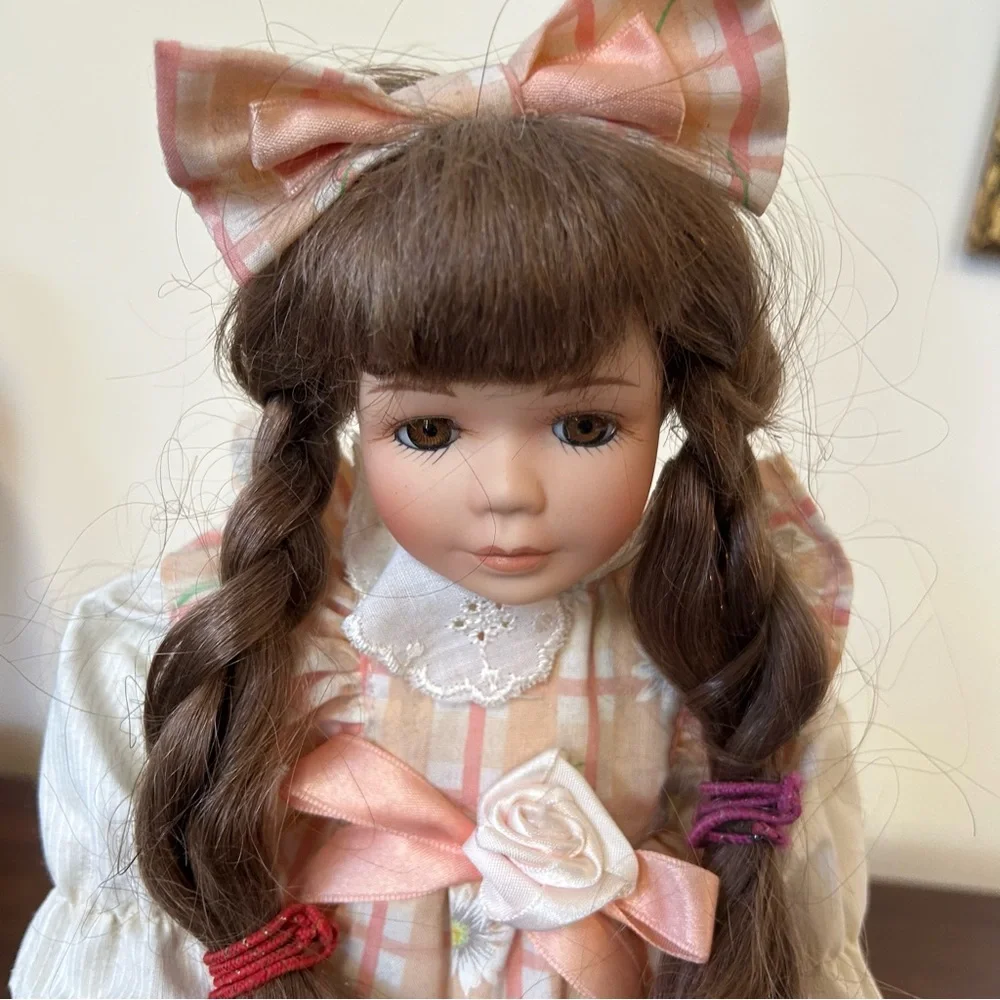 Plaid Dress Porcelain Doll with Bow
